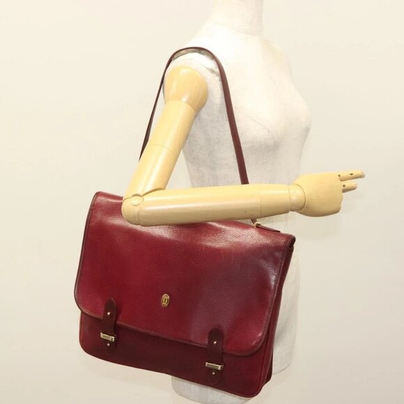 CARTIER Briefcase Leather Bordeaux Gold Auth - Picture 1 of 16